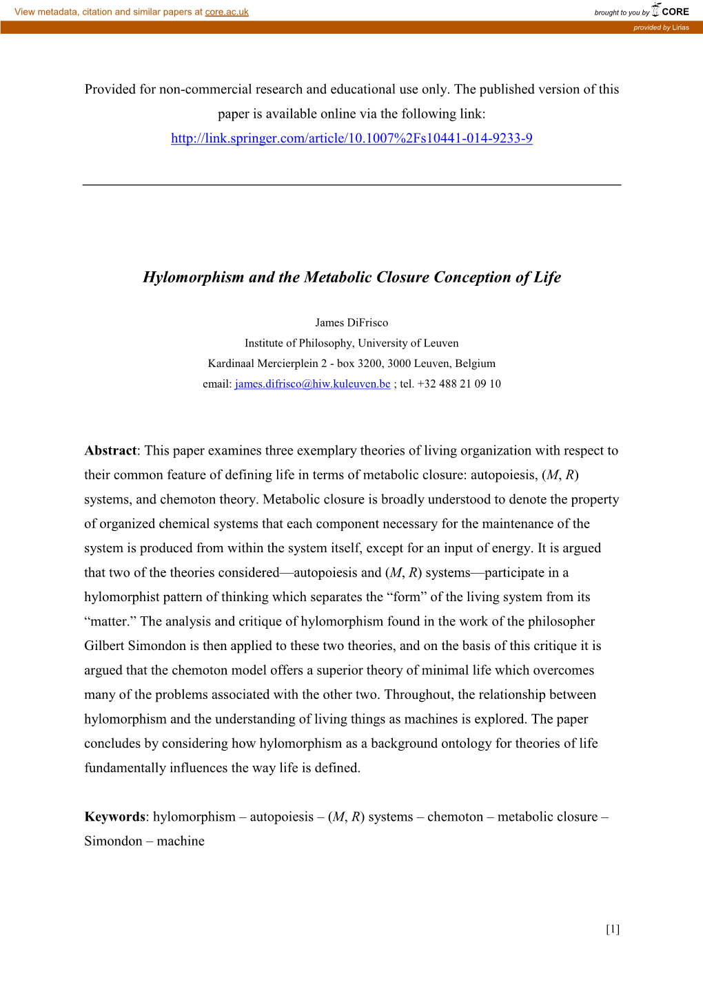 Hylomorphism and the Metabolic Closure Conception of Life