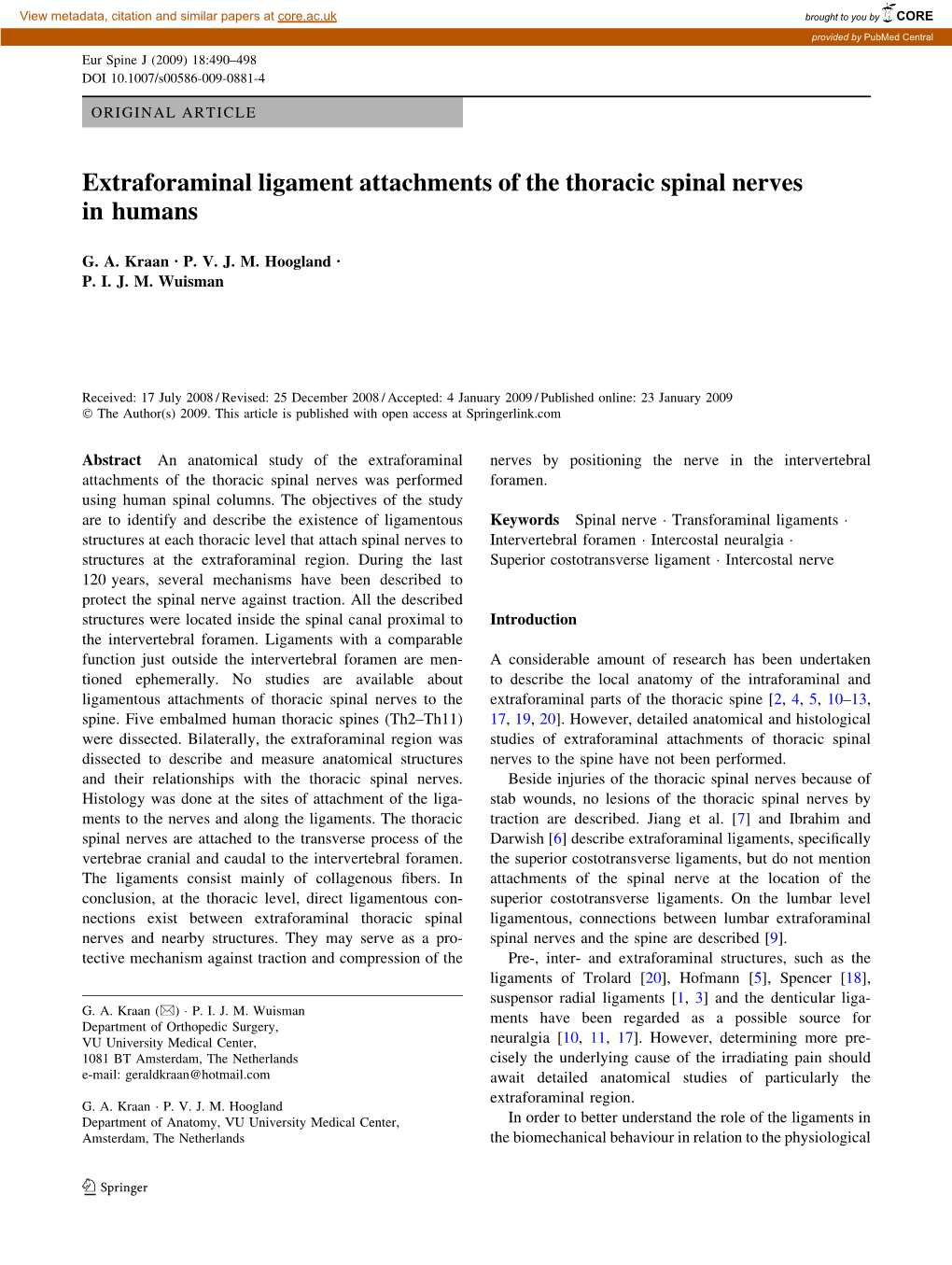 Extraforaminal Ligament Attachments of the Thoracic Spinal Nerves in Humans