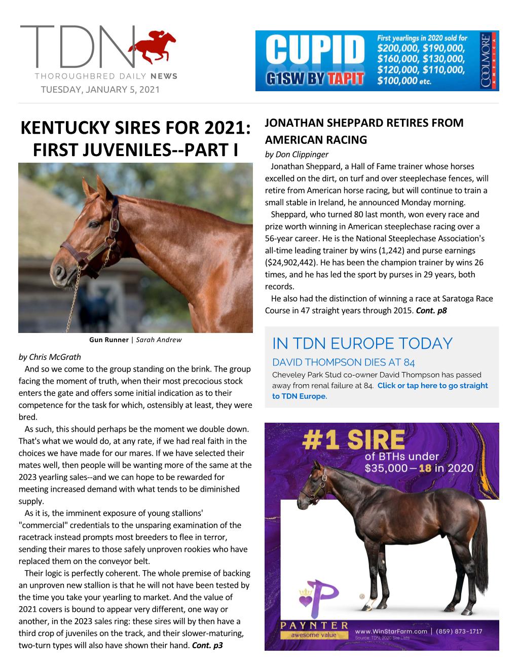 TDN AMERICA TODAY Cheveley Park Stud Itself Is Home to a Six-Strong Stallion Roster JONATHAN SHEPPARD RETIRES from U.S