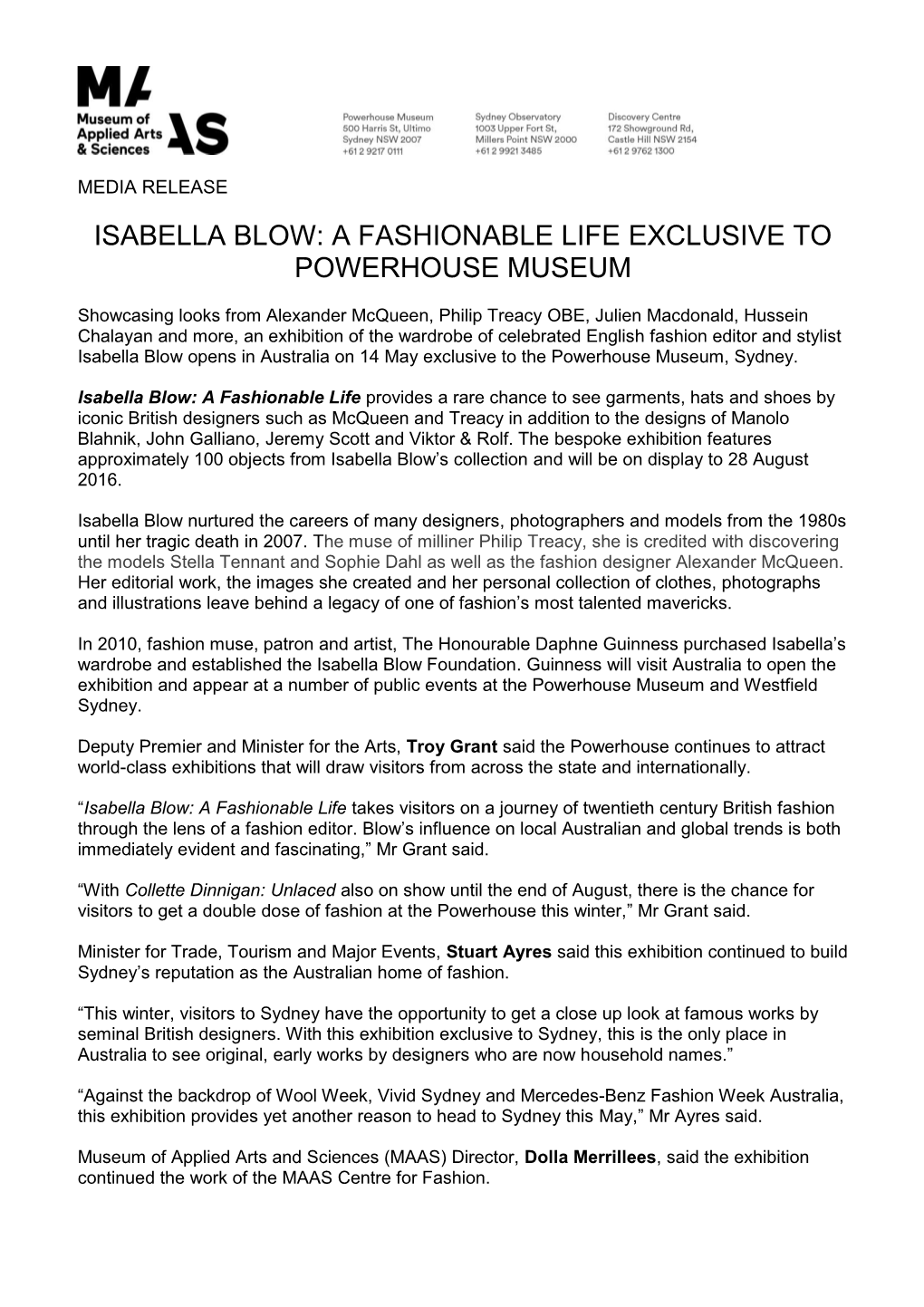 Isabella Blow: a Fashionable Life Exclusive to Powerhouse Museum