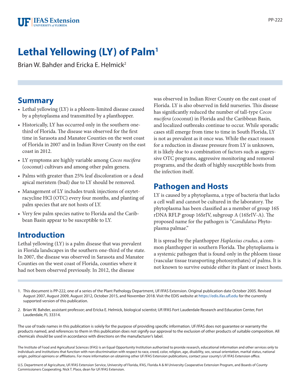 Lethal Yellowing (LY) of Palm1 Brian W