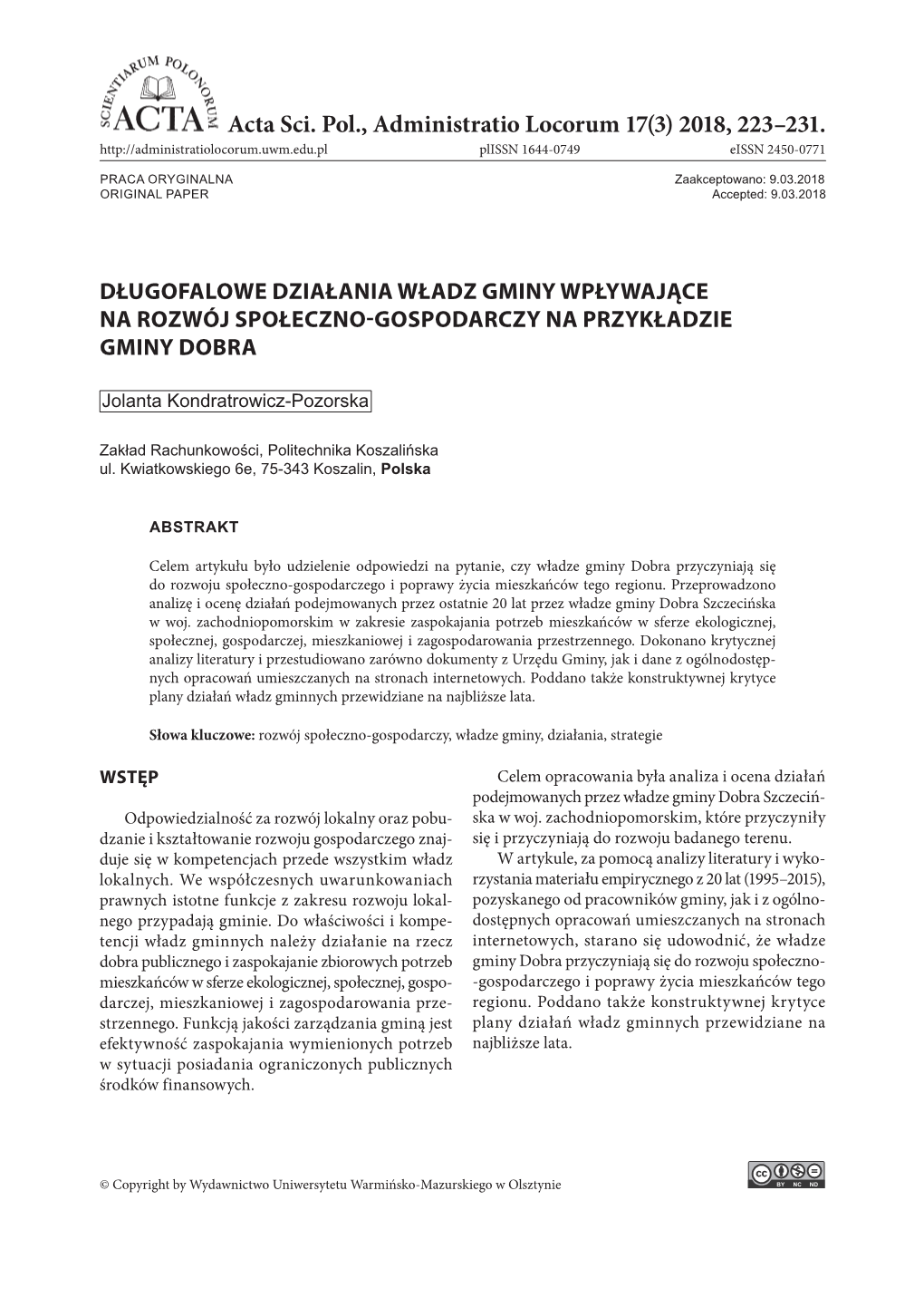 Acta Sci. Pol., Administratio Locorum 17(3) 2018, 223–231. Plissn 1644-0749 Eissn 2450-0771