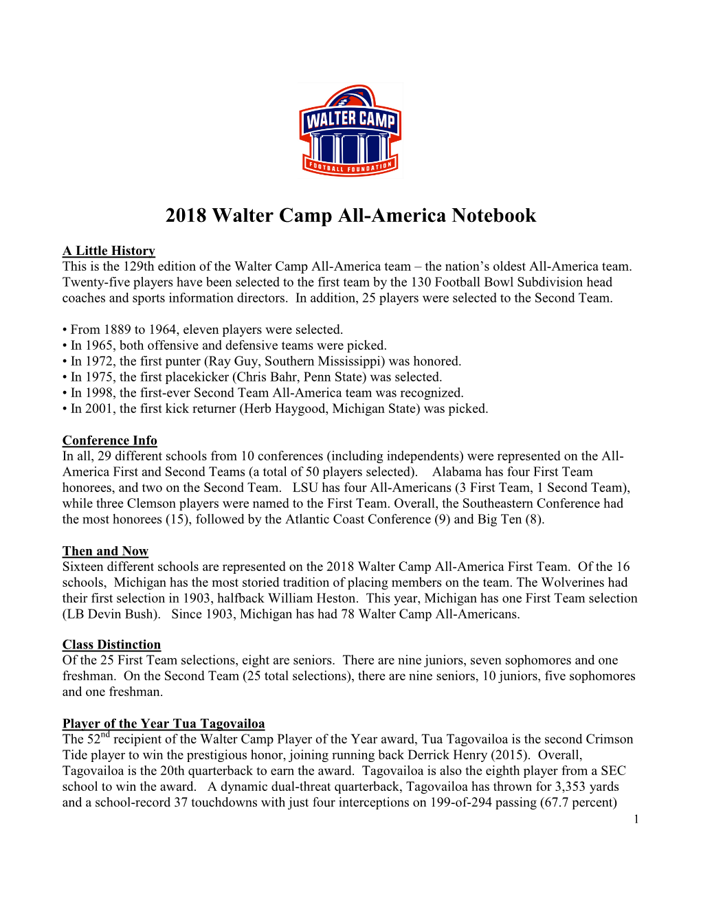 2018 Walter Camp All-America Notebook