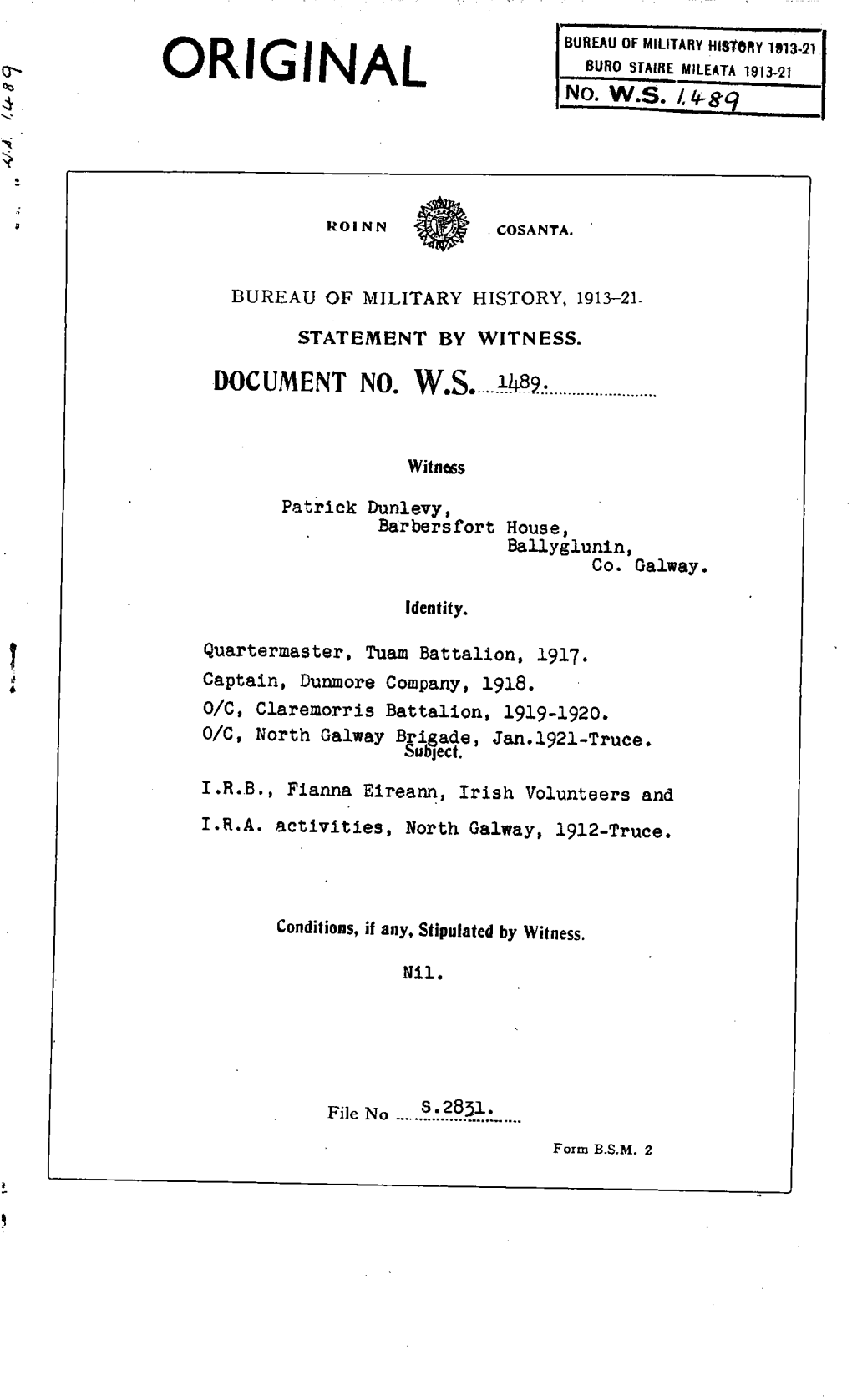ROINN COSANTA. BUREAU of MILITARY HISTORY, 1913-21 STATEMENT by WITNESS. DOCUMENT NO. W.S. 1489. Witness Patrick Dunlevy, Barber