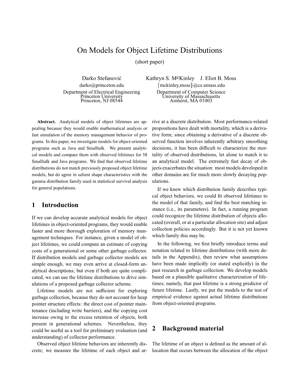 On Models for Object Lifetime Distributions (Short Paper)