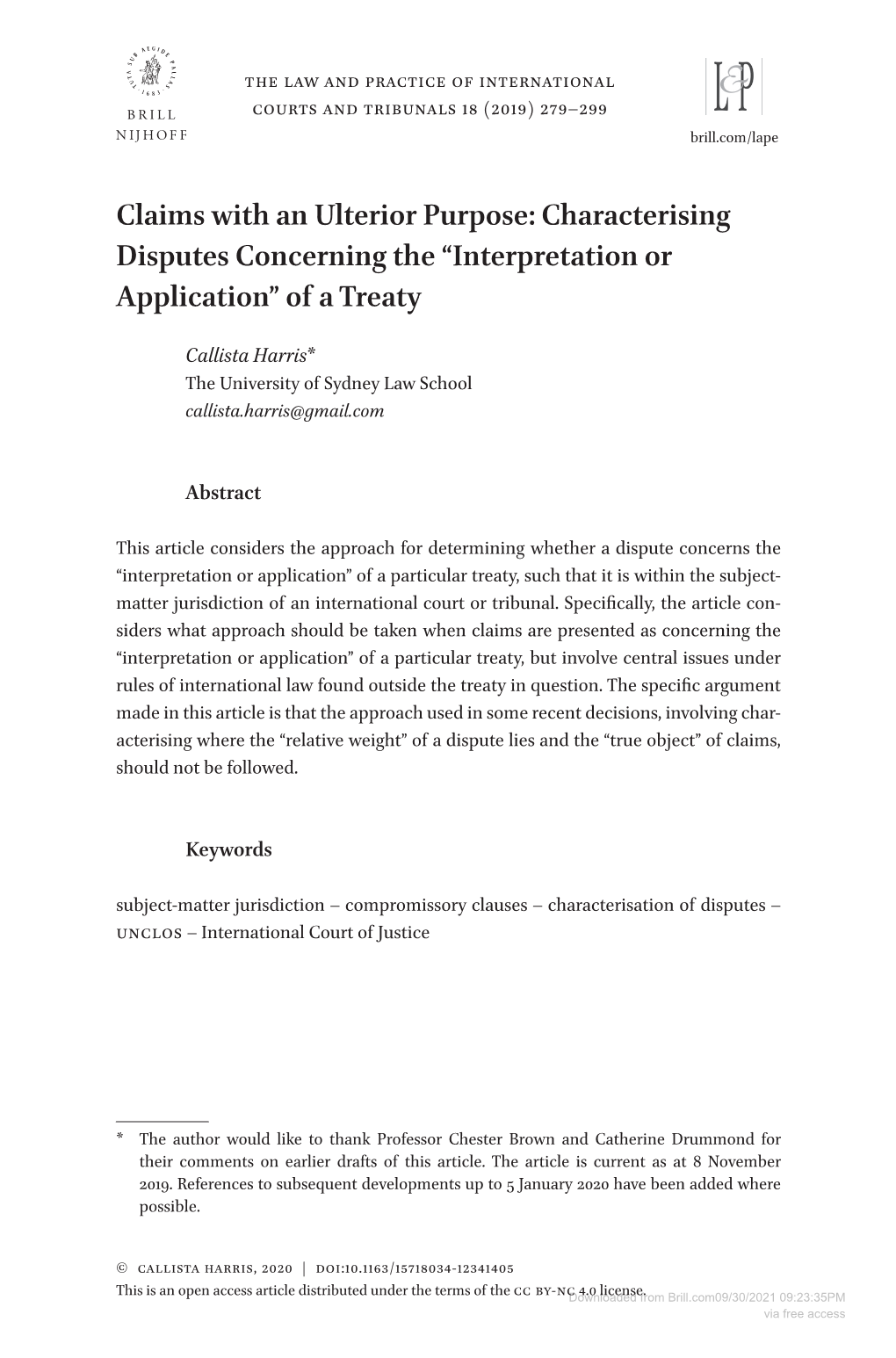 Characterising Disputes Concerning the “Interpretation Or Application” of a Treaty