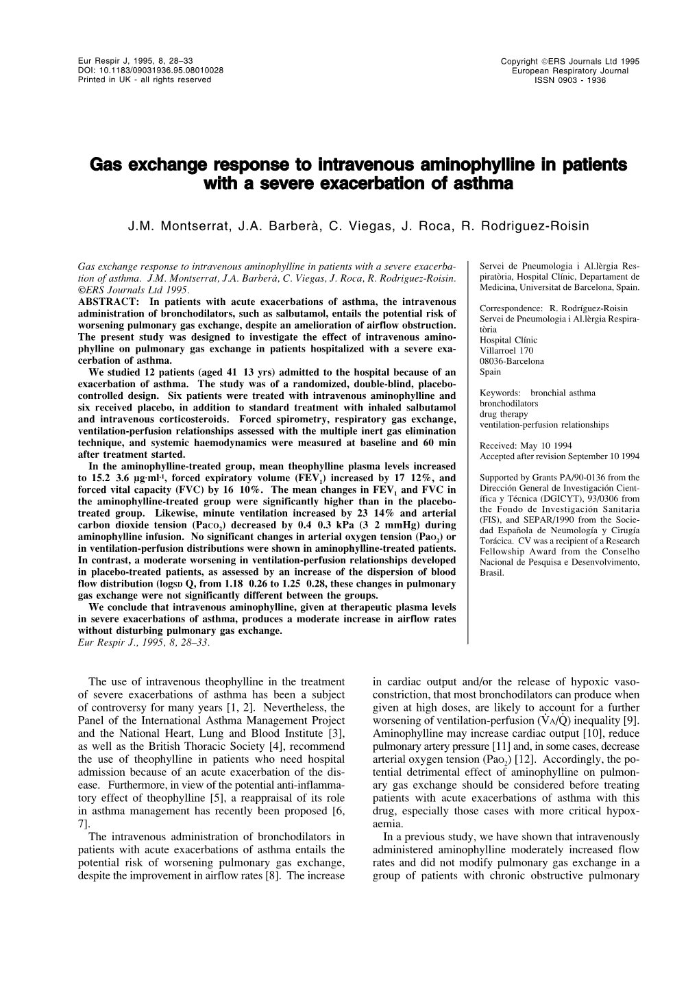 Gas Exchange Response to Intravenous Aminophylline in Patients with a Severe Exacerbation of Asthma