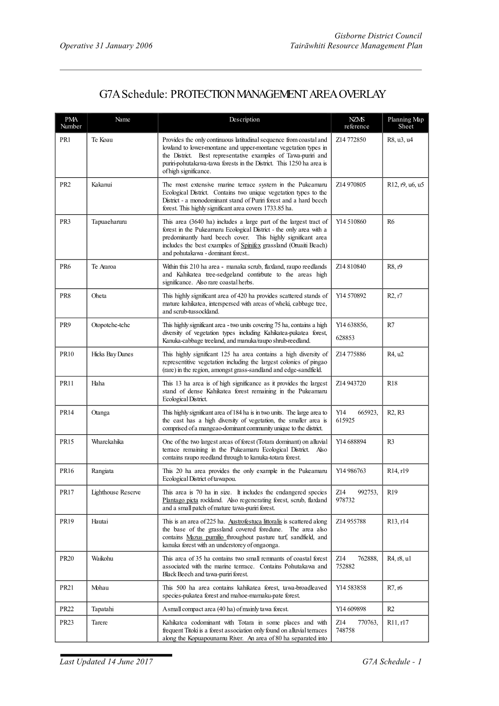 G7A Schedule: PROTECTION MANAGEMENT AREA OVERLAY