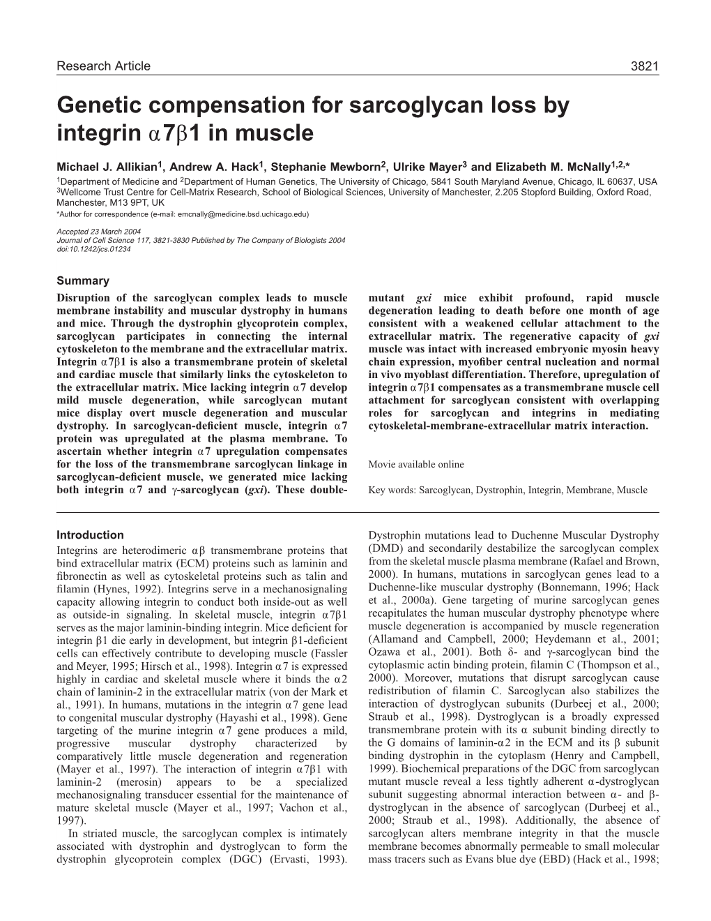 Genetic Compensation for Sarcoglycan Loss by Integrin Α7β1 in Muscle