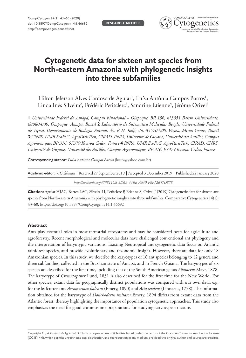 Cytogenetic Data for Sixteen Ant Species from North-Eastern Amazonia with Phylogenetic Insights Into Three Subfamilies