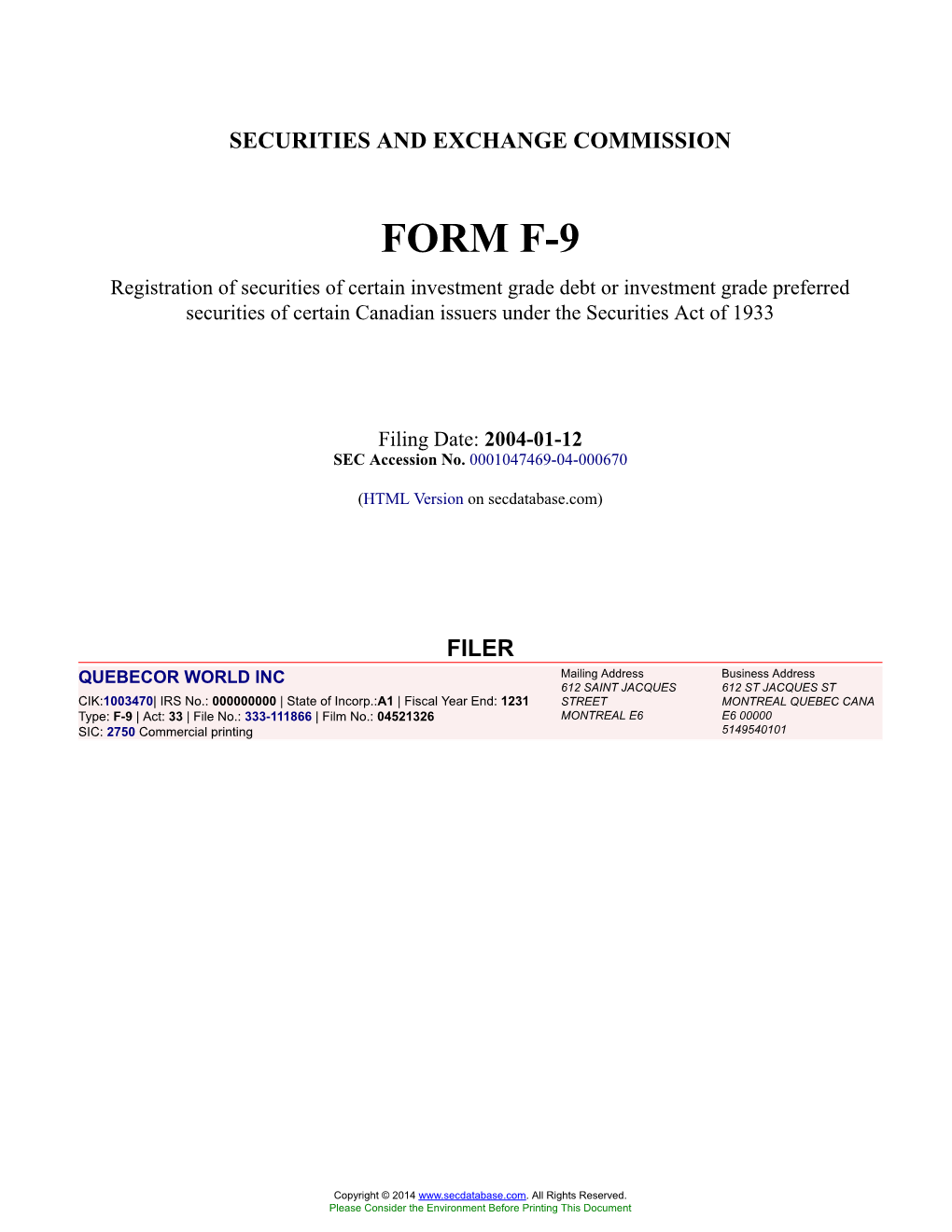 QUEBECOR WORLD INC Form F-9 Filed 2004-01-12