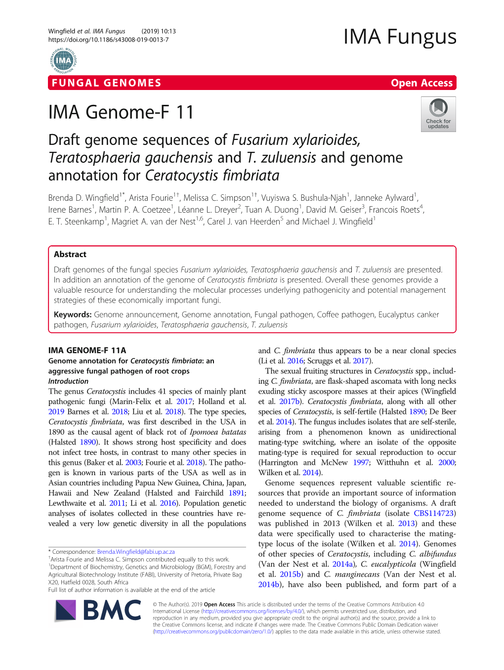IMA Genome-F 11 Draft Genome Sequences of Fusarium Xylarioides, Teratosphaeria Gauchensis and T
