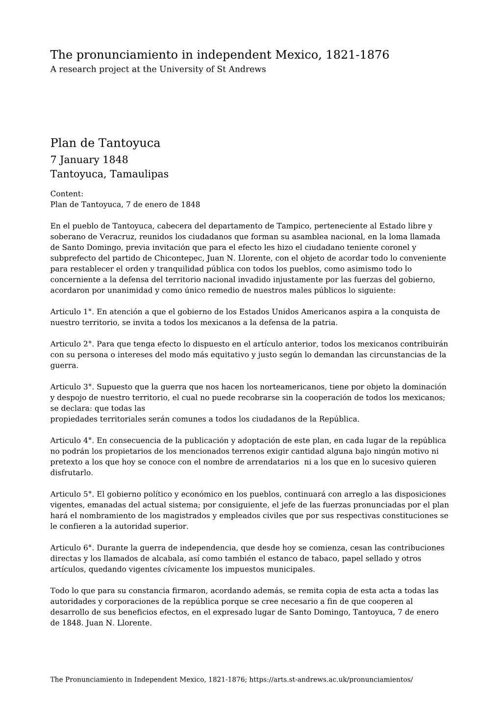 Plan De Tantoyuca 7 January 1848 Tantoyuca, Tamaulipas