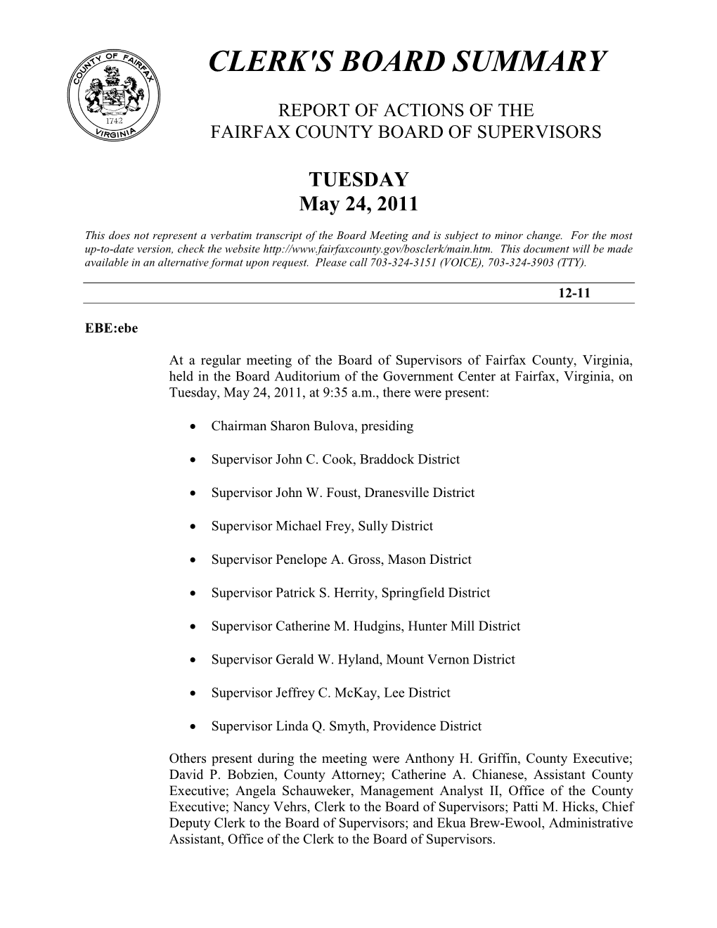 May 24, 2011 Board of Supervisors Meeting Summary