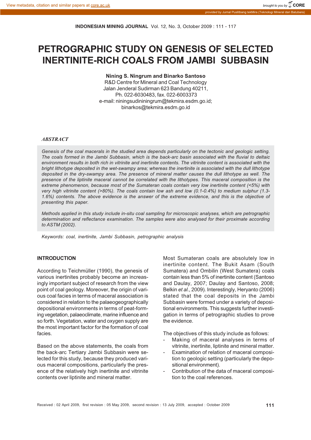 Petrographic Study on Genesis of Selected Inertinite-Rich Coals from Jambi Subbasin