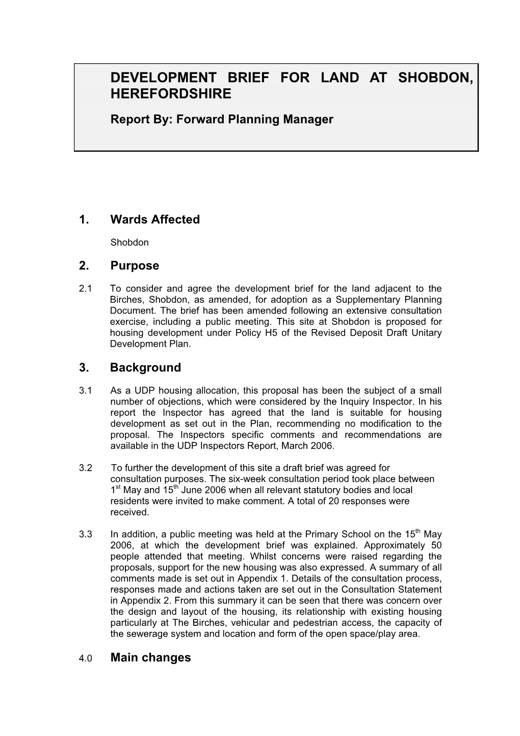 Development Brief for Land at Shobdon, Herefordshire