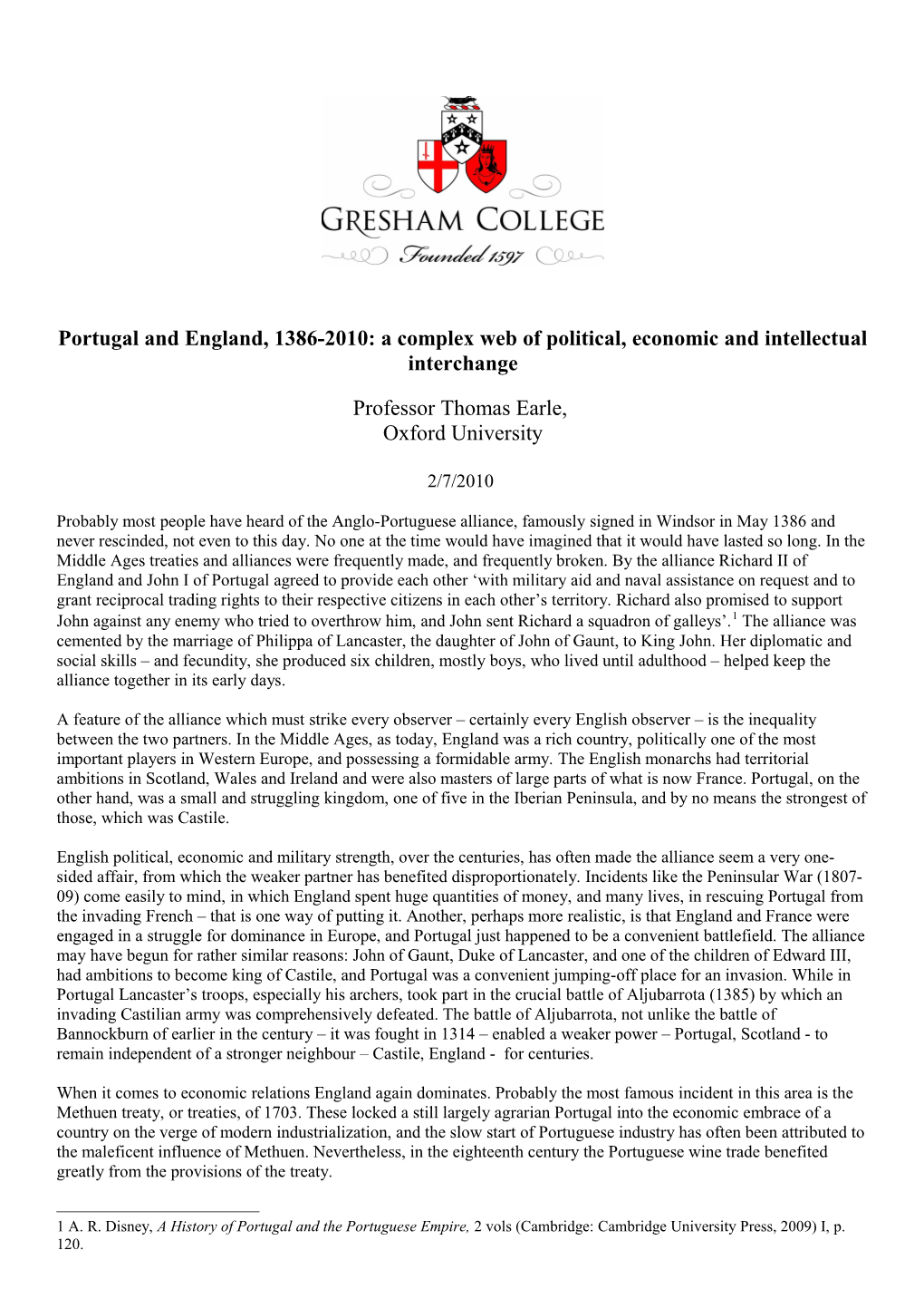 Portugal and England, 1386-2010: a Complex Web of Political, Economic and Intellectual