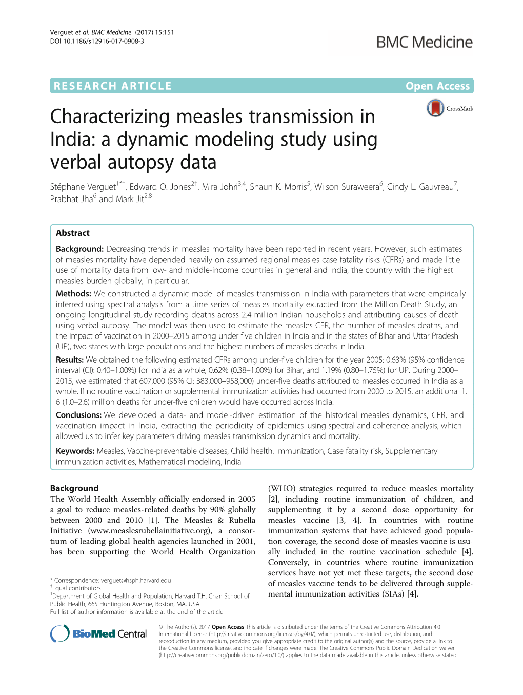 Characterizing Measles Transmission in India: a Dynamic Modeling Study Using Verbal Autopsy Data Stéphane Verguet1*†, Edward O