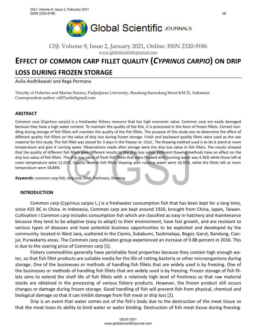 CYPRINUS CARPIO) on DRIP LOSS DURING FROZEN STORAGE Aulia Andhikawati and Rega Permana