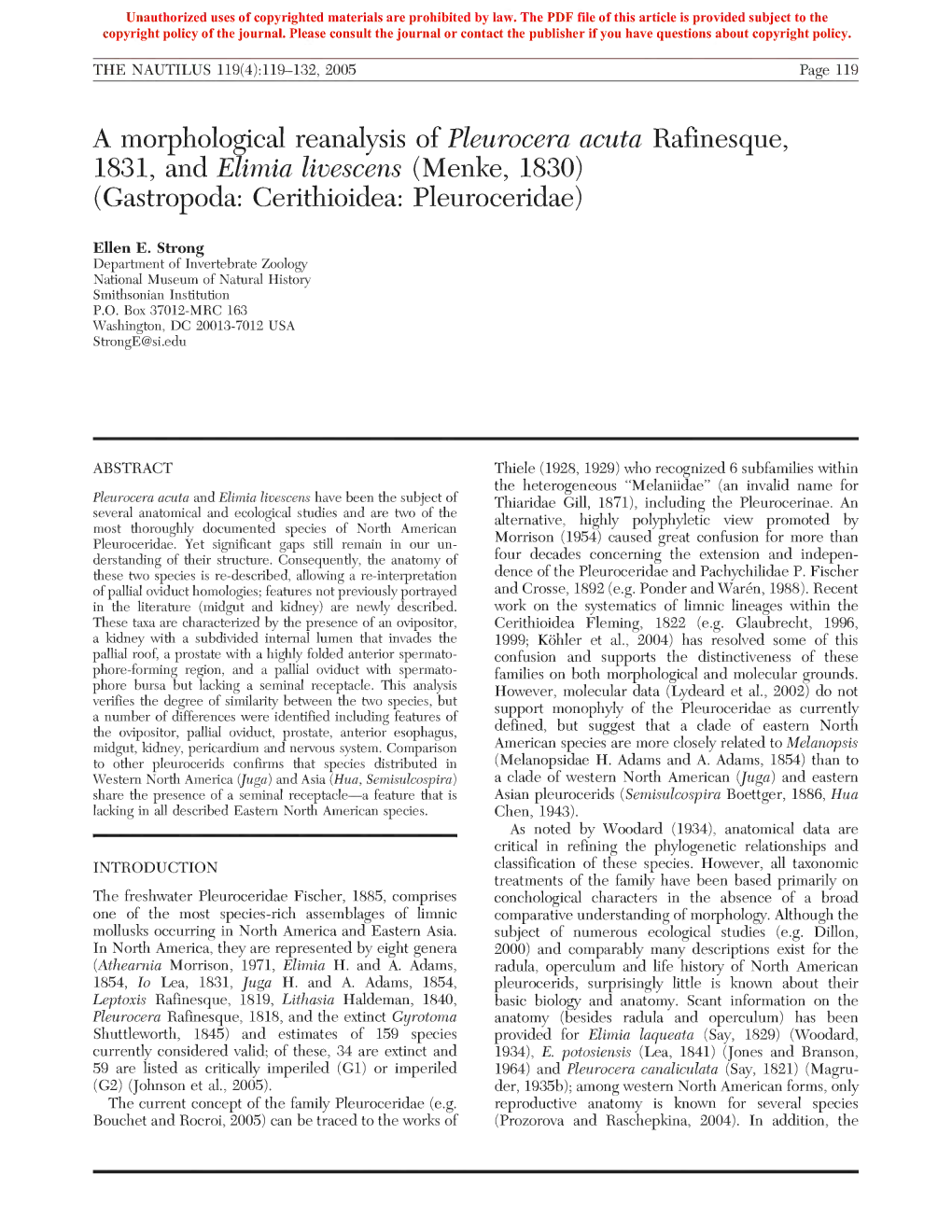 A Morphological Reanalysis of Pleurocera Acuta Rafinesque, 1831, and Eliraia Livescens (Menke, 1830) (Gastropoda: Cerithioidea: Pleuroceridae)