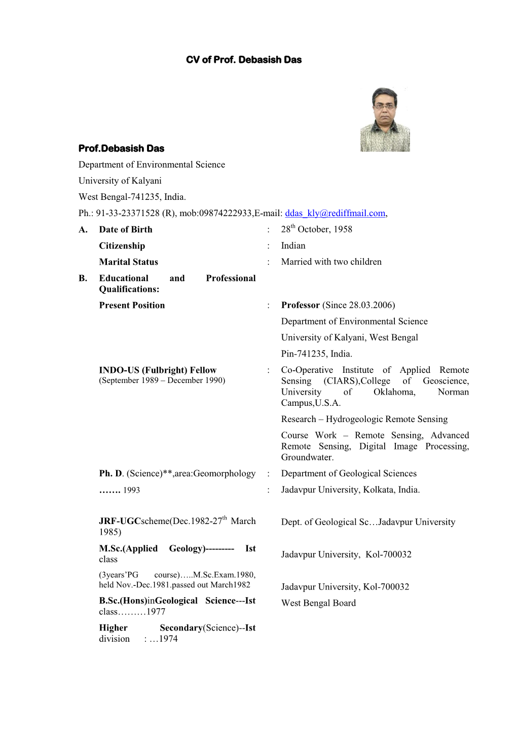 CV of Prof. Debasish Das