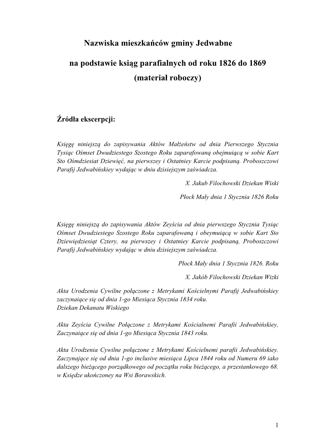 Nazwiska Mieszkańców Gminy Jedwabne Na Podstawie Ksiąg Parafialnych Od Roku 1826 Do 1869 (Materiał Roboczy)