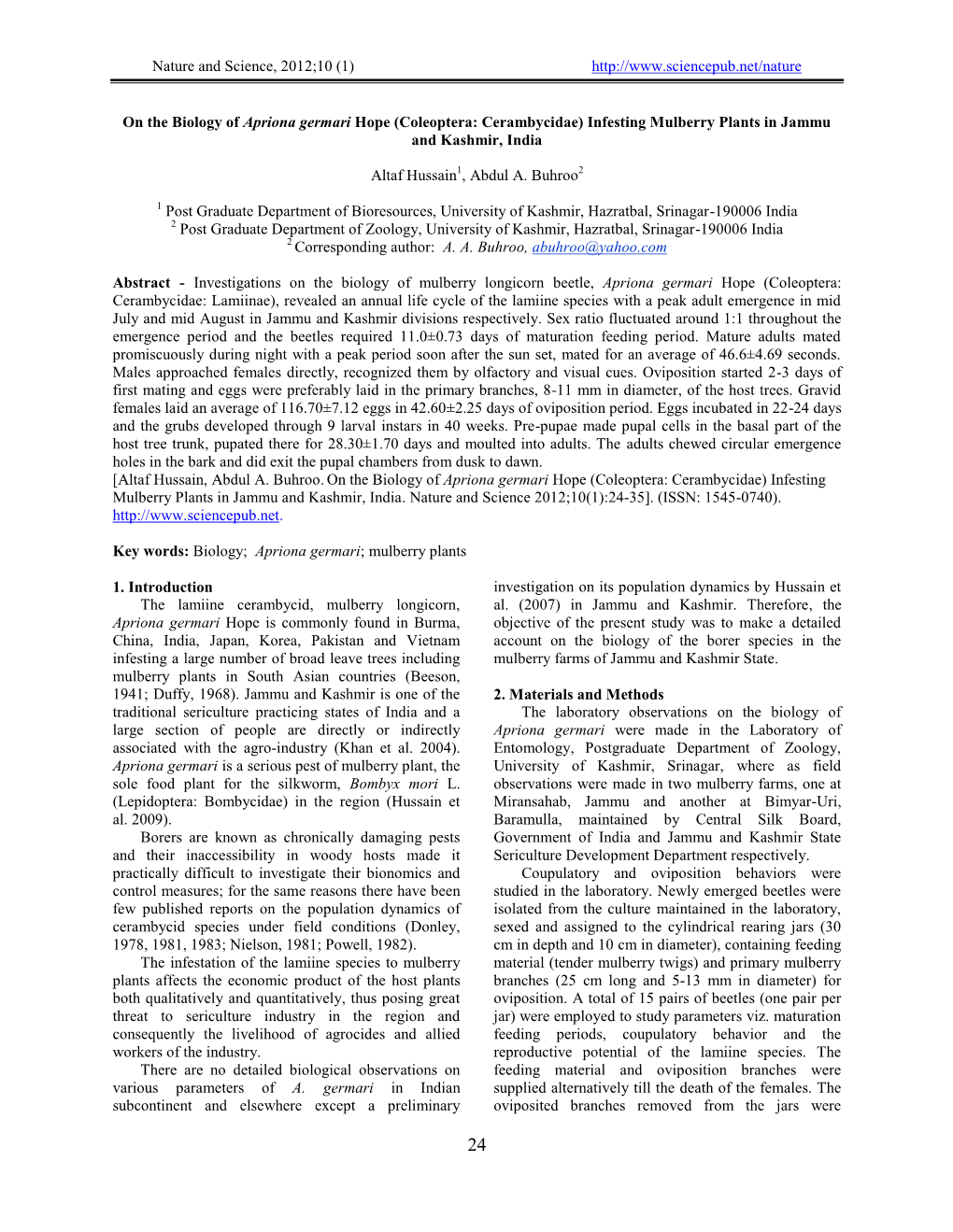 On the Biology of Apriona Germari Hope (Coleoptera: Cerambycidae) Infesting Mulberry Plants in Jammu and Kashmir, India