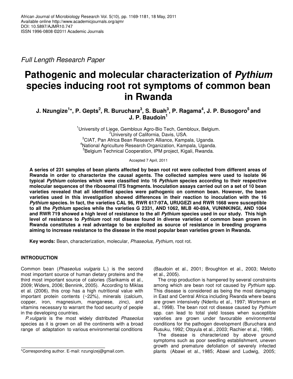 Pathogenic and Molecular Characterization of Pythium Species Inducing Root Rot Symptoms of Common Bean in Rwanda