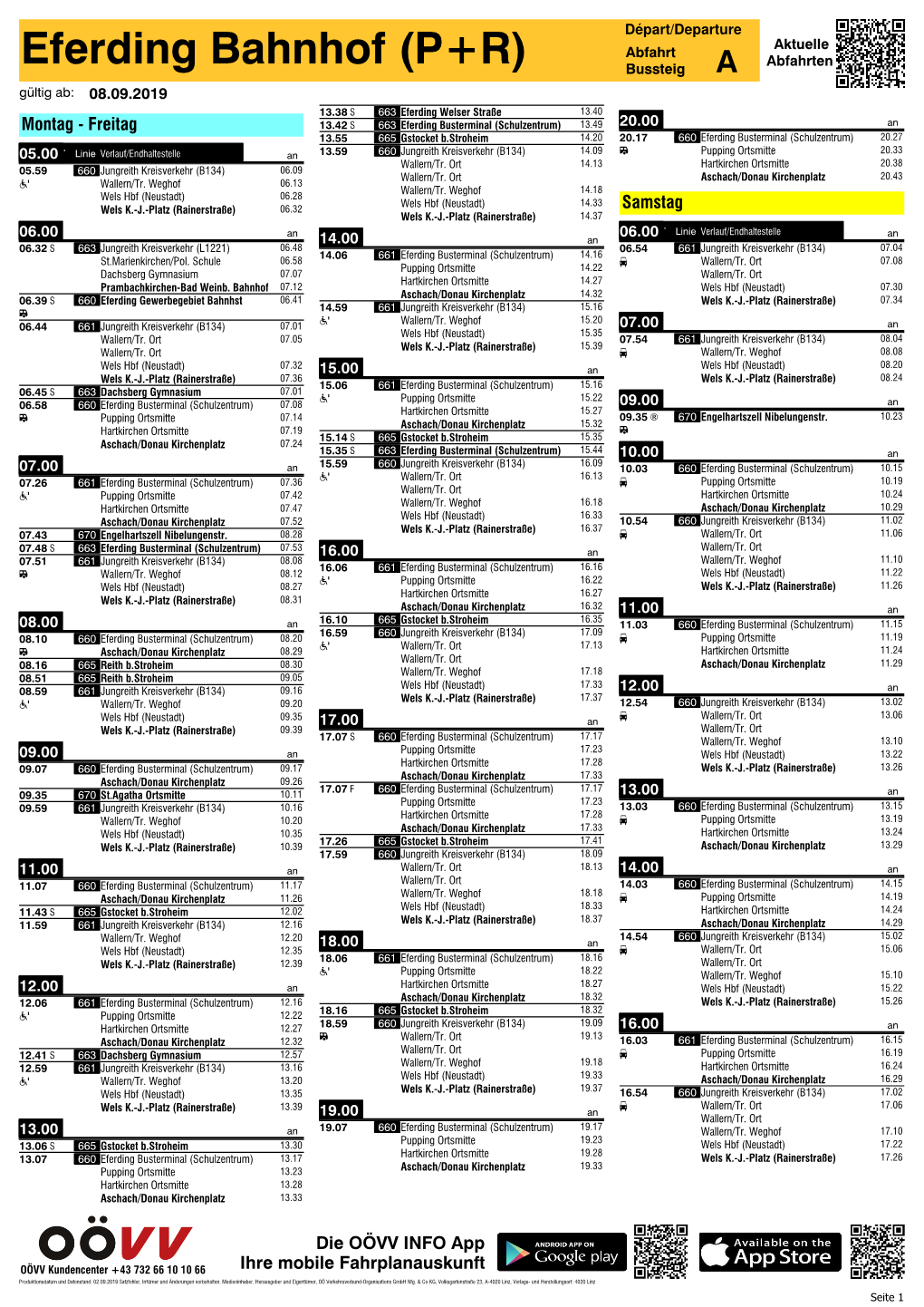 Eferding Bahnhof (P+R) Bussteig a Gültig Ab: 08.09.2019 3 3 13.38 S 663 Eferding Welser Straße 0 13.40
