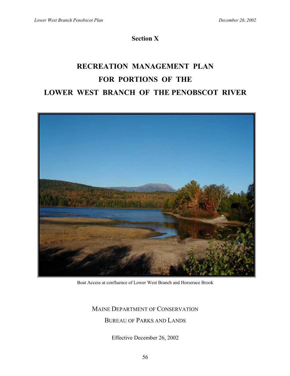 Recreation Management Plan for Portions of the Lower West Branch of the Penobscot River