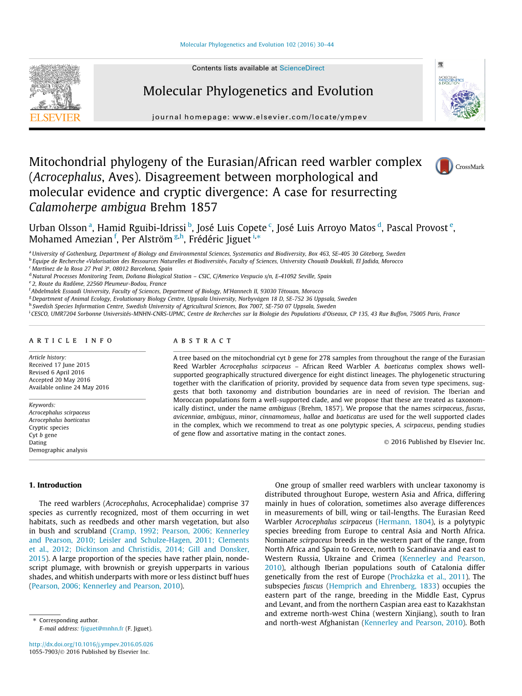 Mitochondrial Phylogeny of the Eurasian/African Reed Warbler Complex (Acrocephalus, Aves)