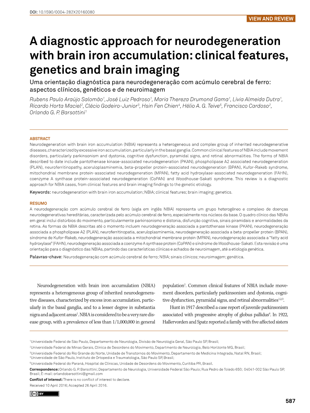 A Diagnostic Approach for Neurodegeneration with Brain Iron Accumulation: Clinical Features, Genetics and Brain Imaging