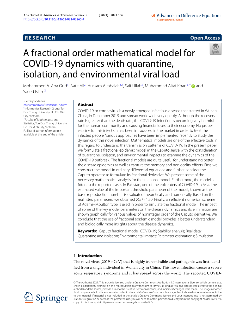 A Fractional Order Mathematical Model for COVID-19 Dynamics with Quarantine, Isolation, and Environmental Viral Load Mohammed A