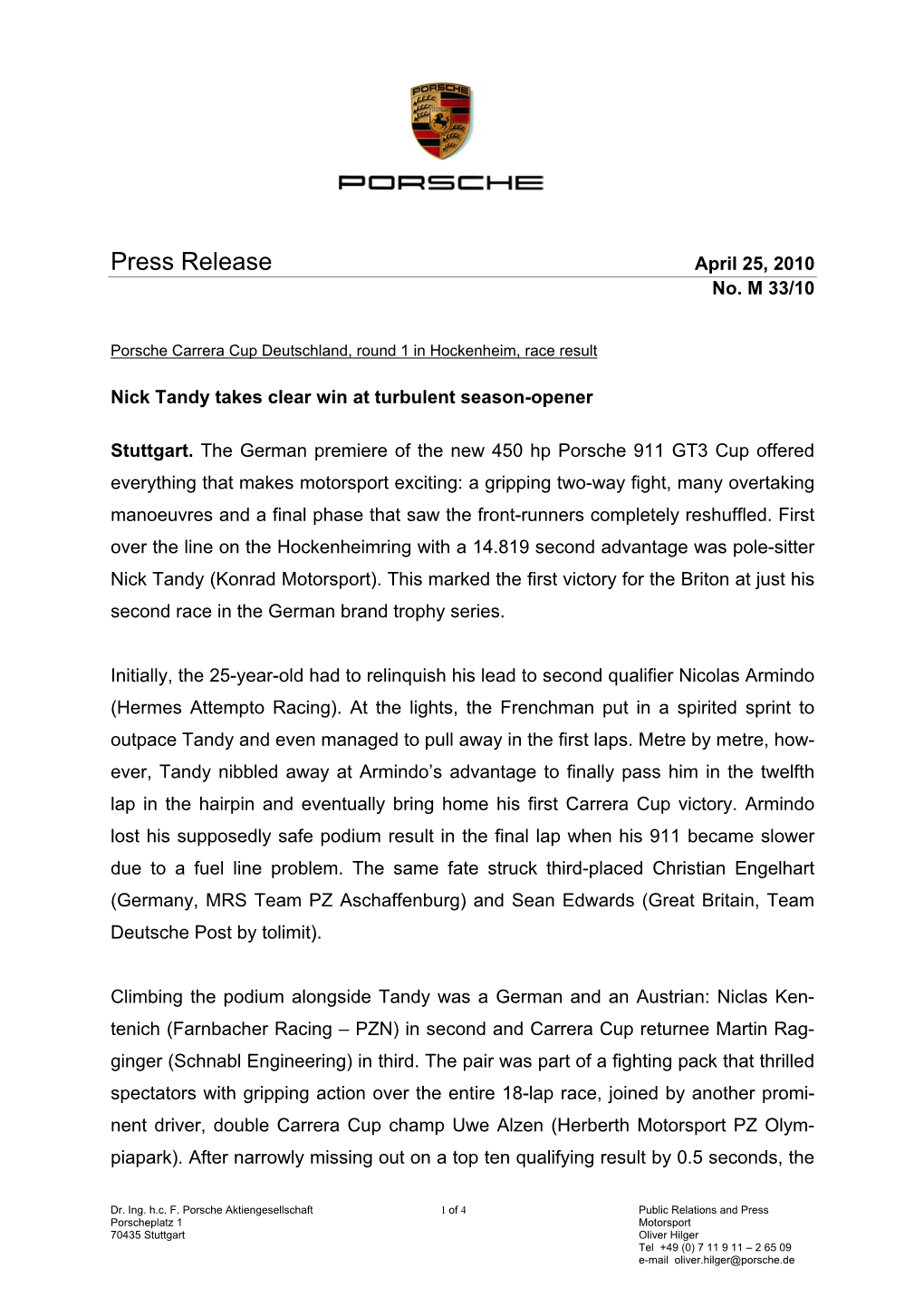 Press Release April 25, 2010 No