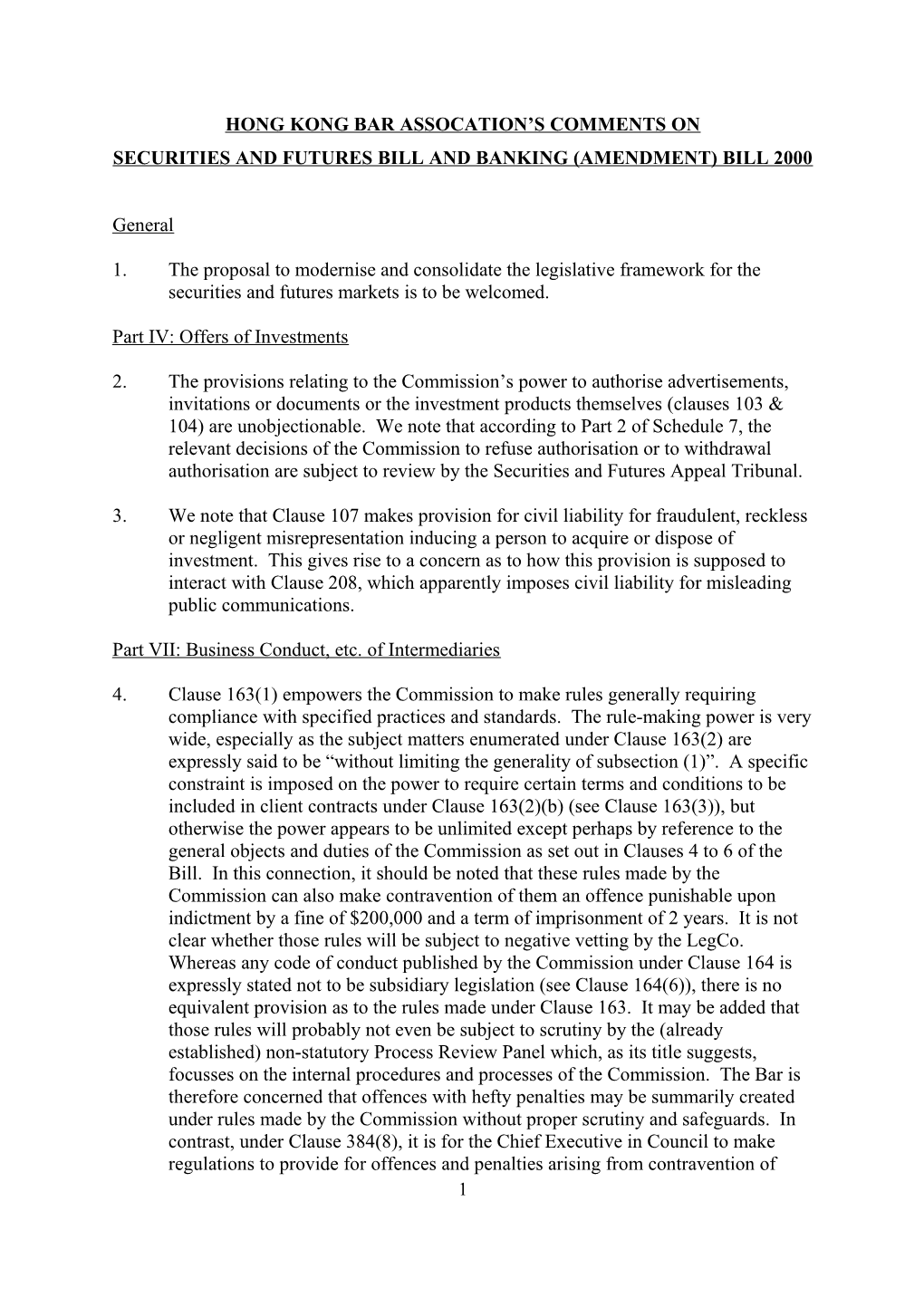 Comments on the Securities and Futures Bill