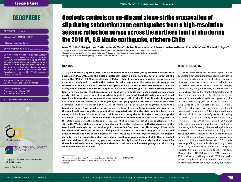 Geologic Controls on Up-Dip and Along-Strike Propagation of Slip During Subduction Zone Earthquakes from a High-Resolution GEOSPHERE, V