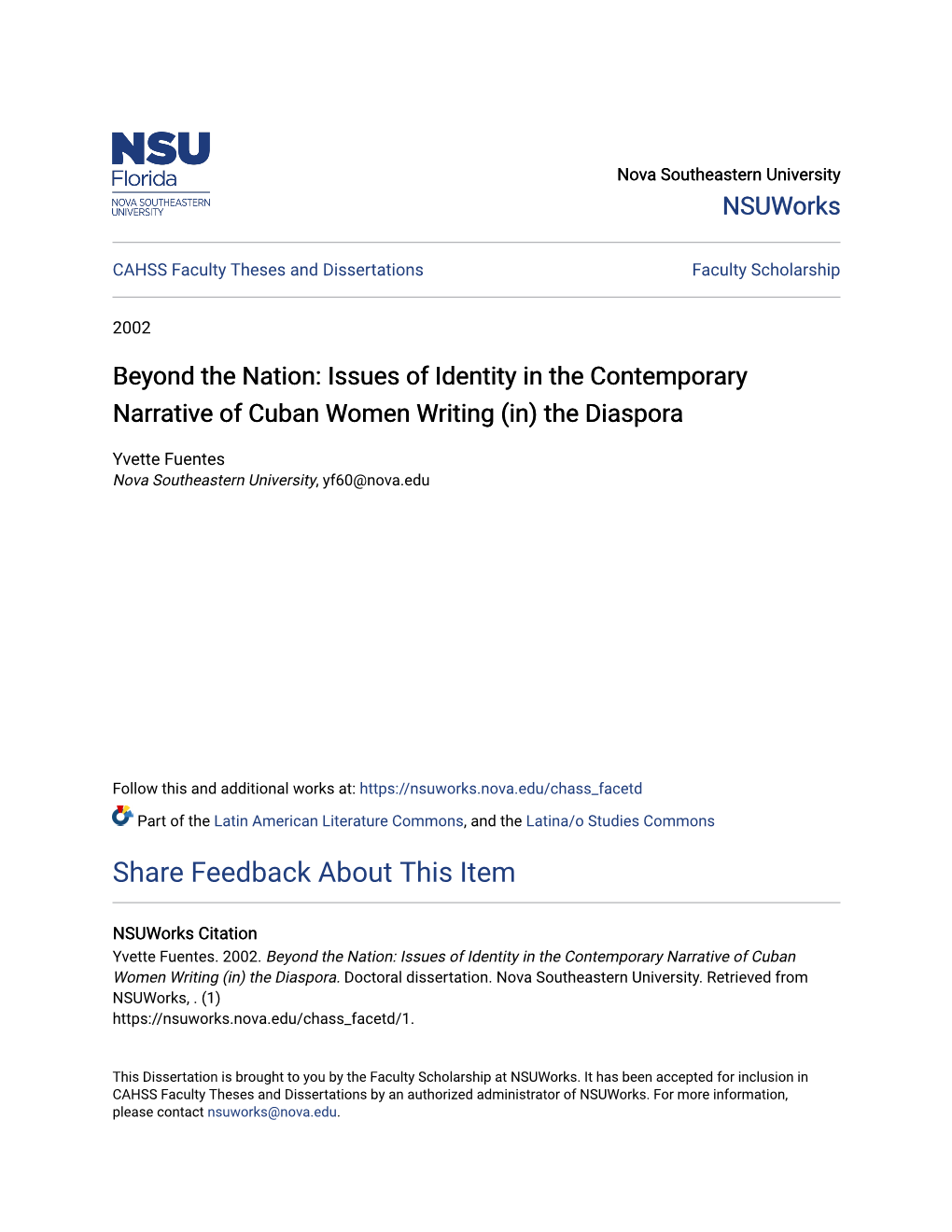 Issues of Identity in the Contemporary Narrative of Cuban Women Writing (In) the Diaspora