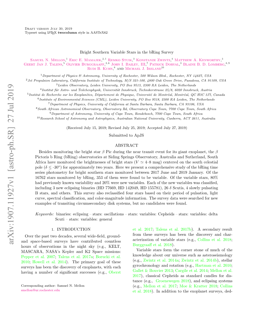 Bright Southern Variable Stars in the Bring Survey