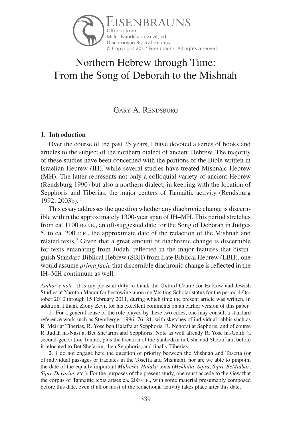 Northern Hebrew Through Time: from the Song of Deborah to the Mishnah