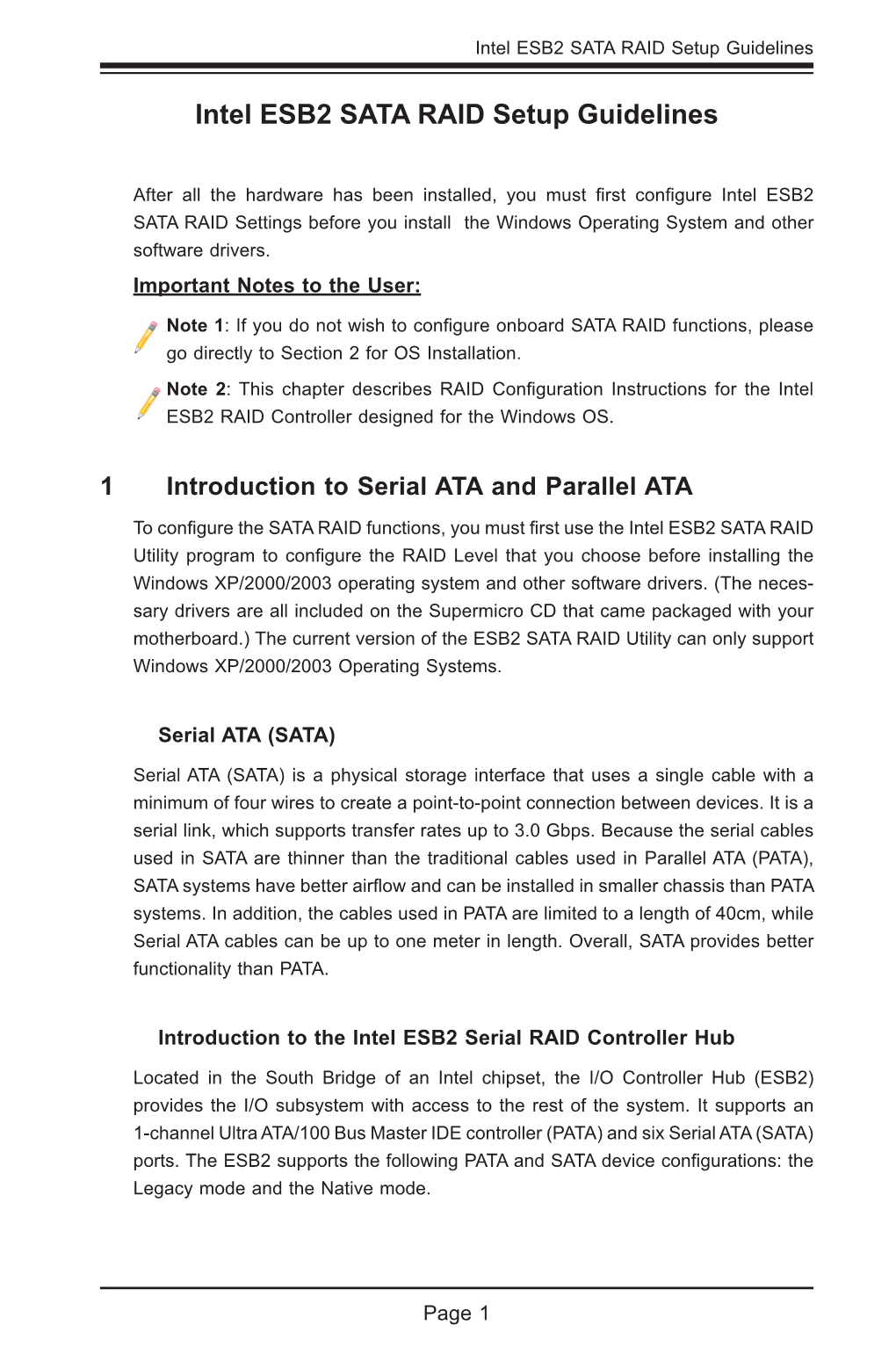 Intel ESB2 SATA RAID Setup Guidelines