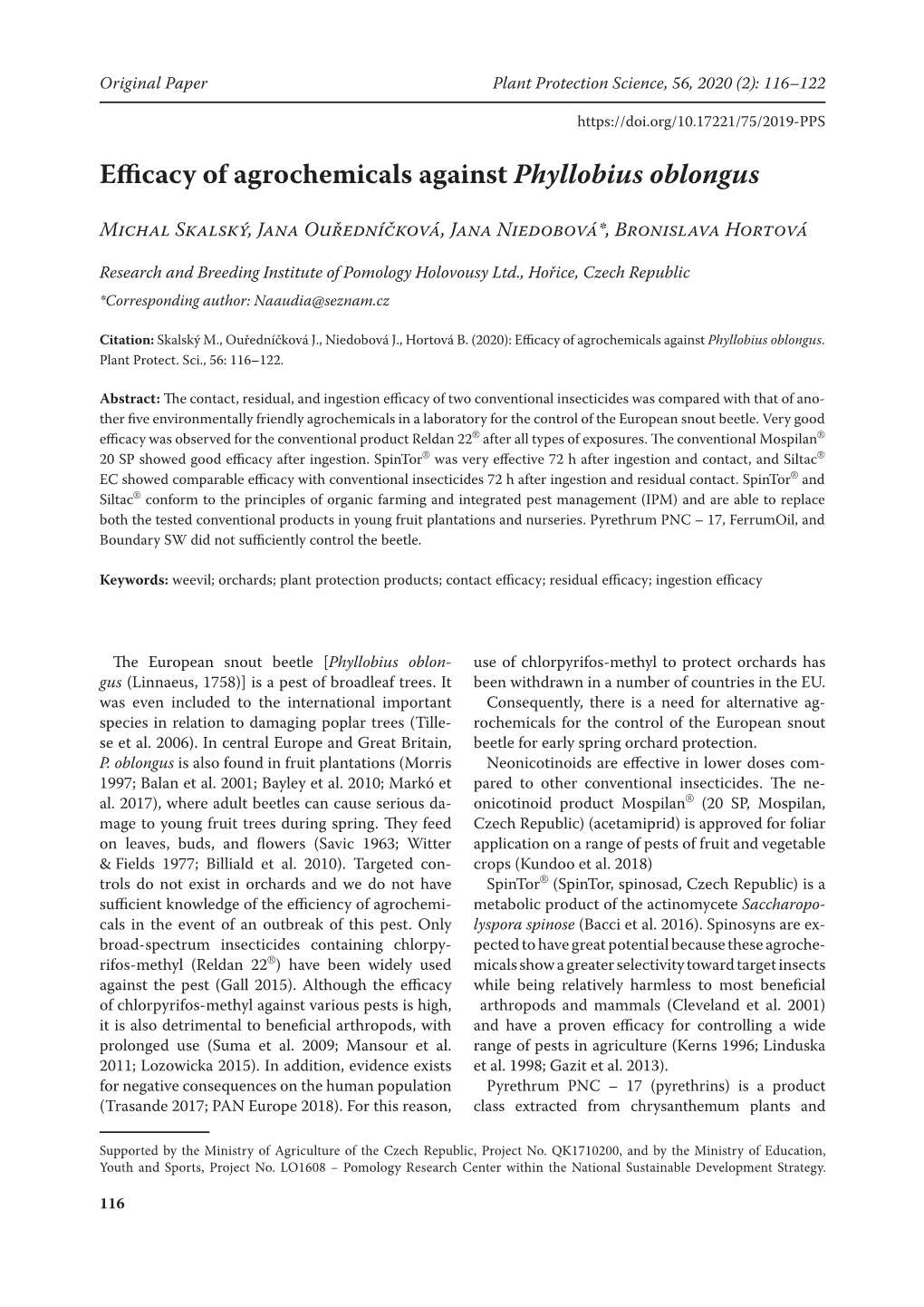 Efficacy of Agrochemicals Against Phyllobius Oblongus