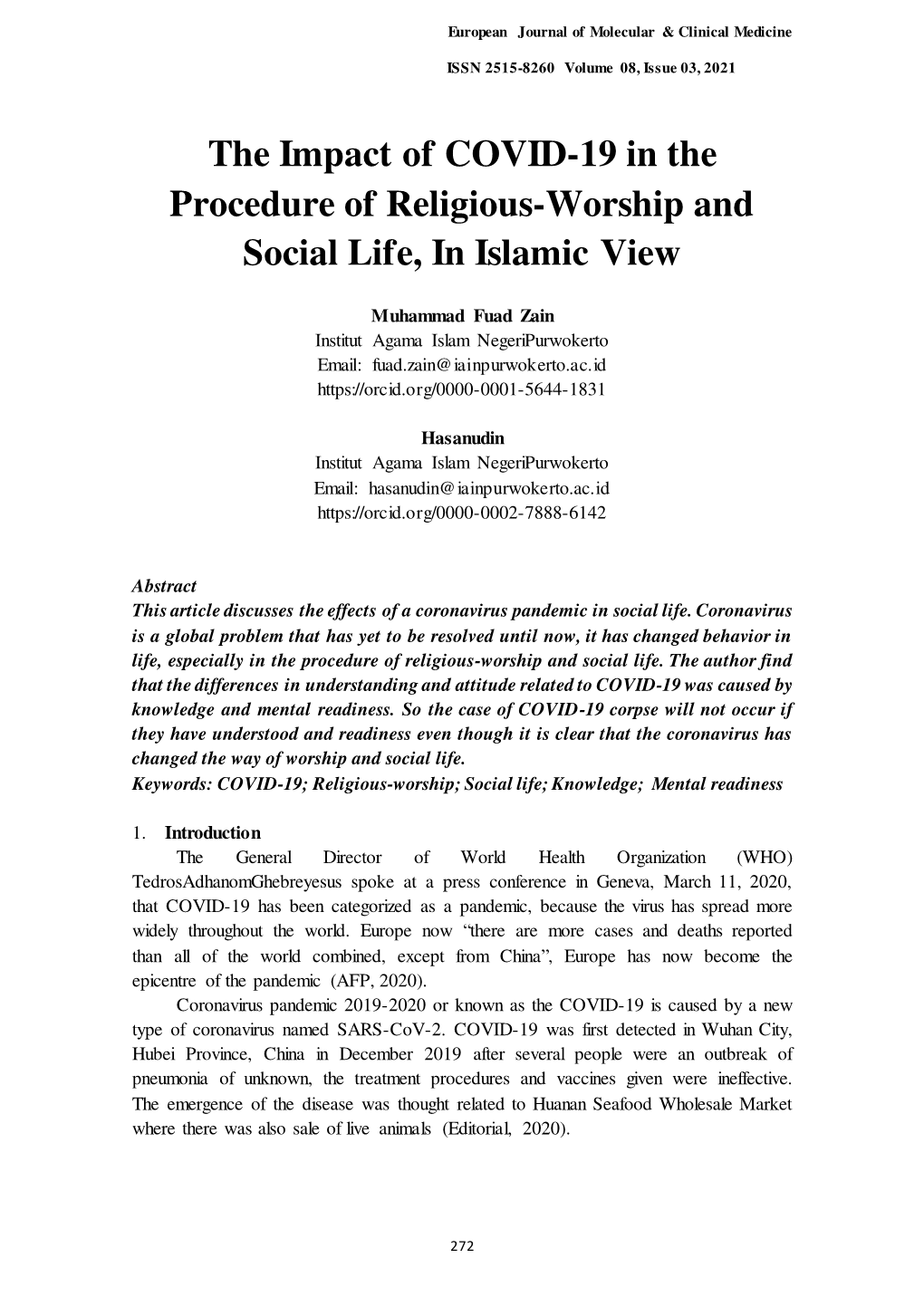 The Impact of COVID-19 in the Procedure of Religious-Worship and Social Life, in Islamic View