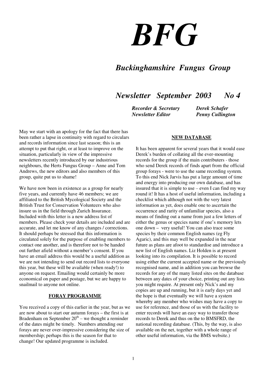 BFG Newsletter Number 4 2003