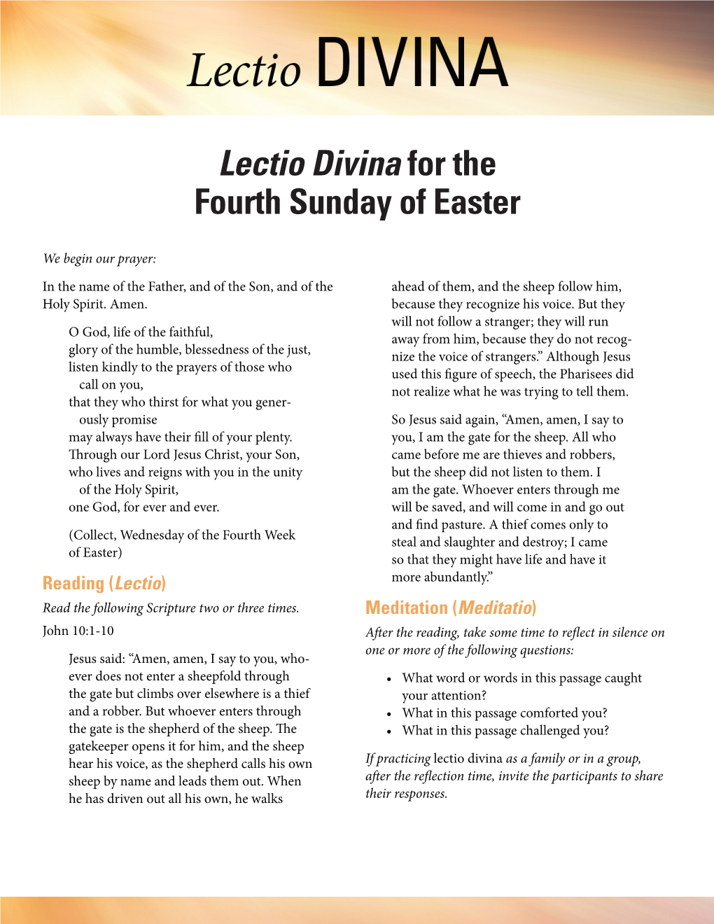 Lectio Divina for the Fourth Sunday of Easter