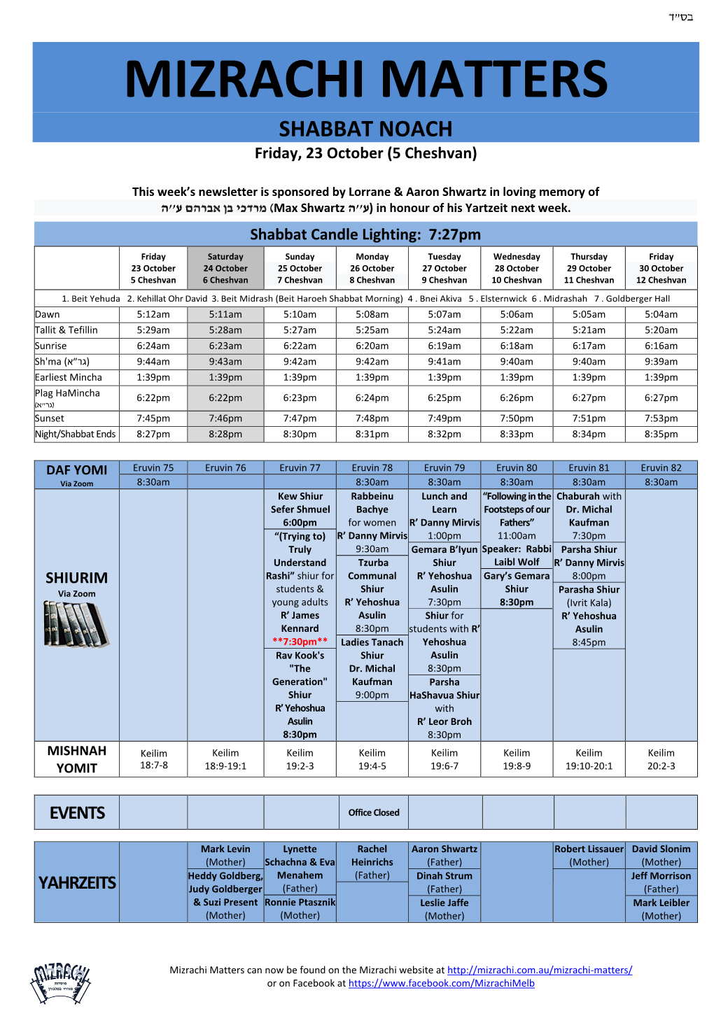 MIZRACHI MATTERS SHABBAT NOACH Friday, 23 October (5 Cheshvan)