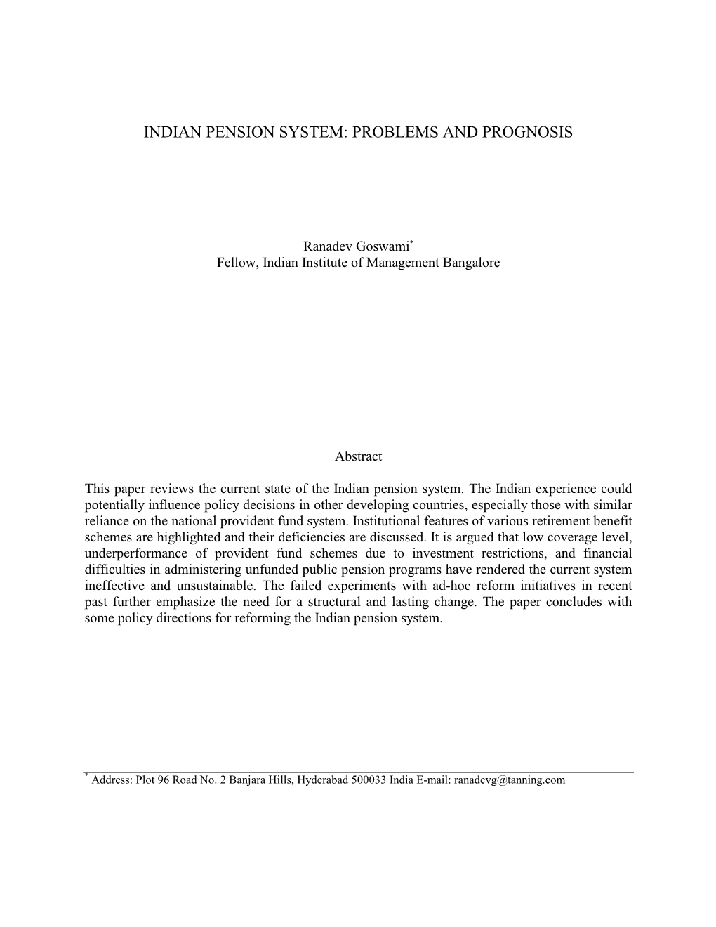 Indian Pension System: Problems and Prognosis