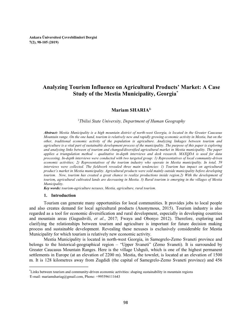 Analyzing Tourism Influence on Agricultural Products’ Market: a Case Study of the Mestia Municipality, Georgia*