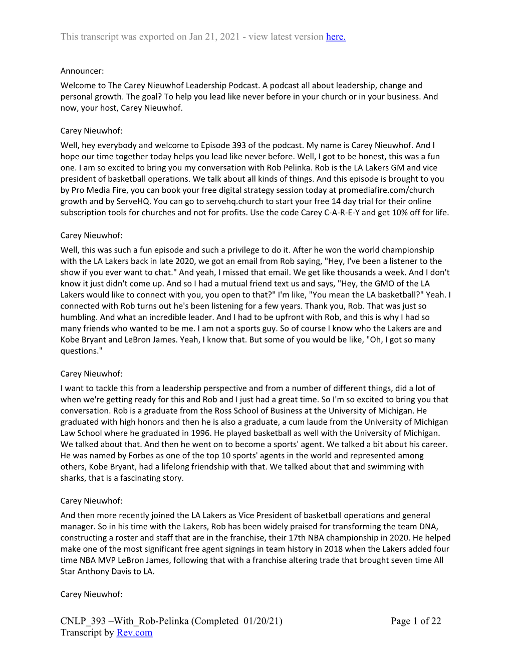 With Rob-Pelinka (Completed 01/20/21) Page 1 of 22 Transcript by Rev.Com This Transcript Was Exported on Jan 21, 2021 - View Latest Version Here