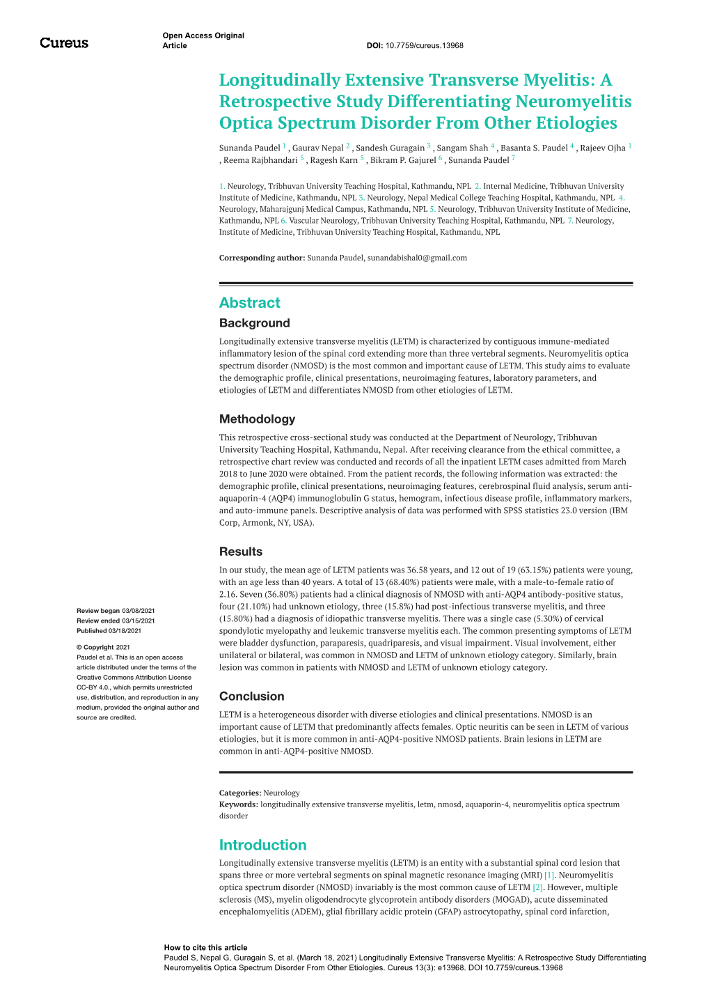 Longitudinally Extensive Transverse Myelitis: a Retrospective Study Differentiating Neuromyelitis Optica Spectrum Disorder from Other Etiologies