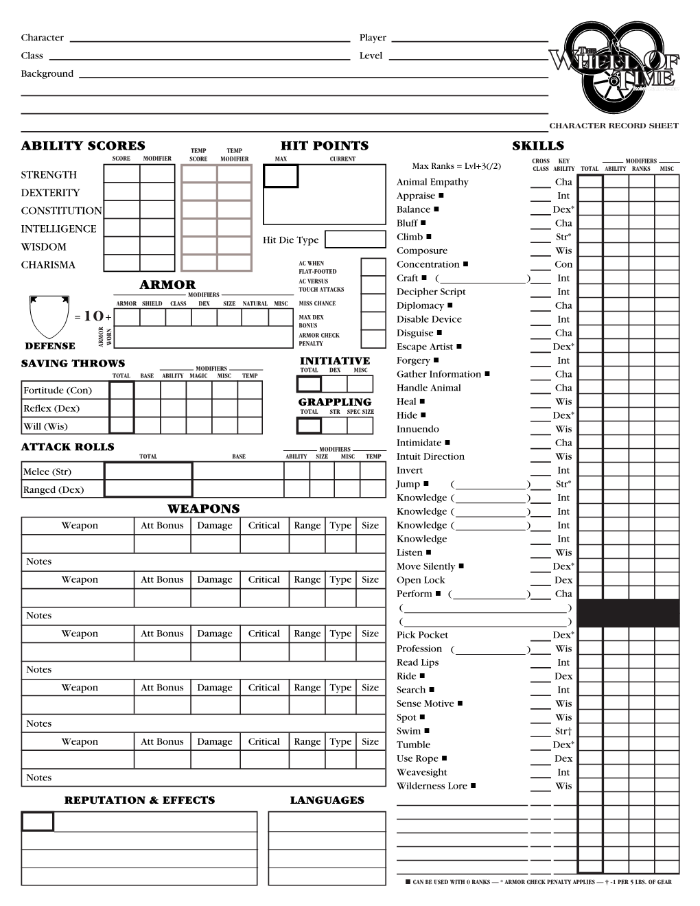Wheel of Time Character Sheet V1.0 11/01 by Patrick M